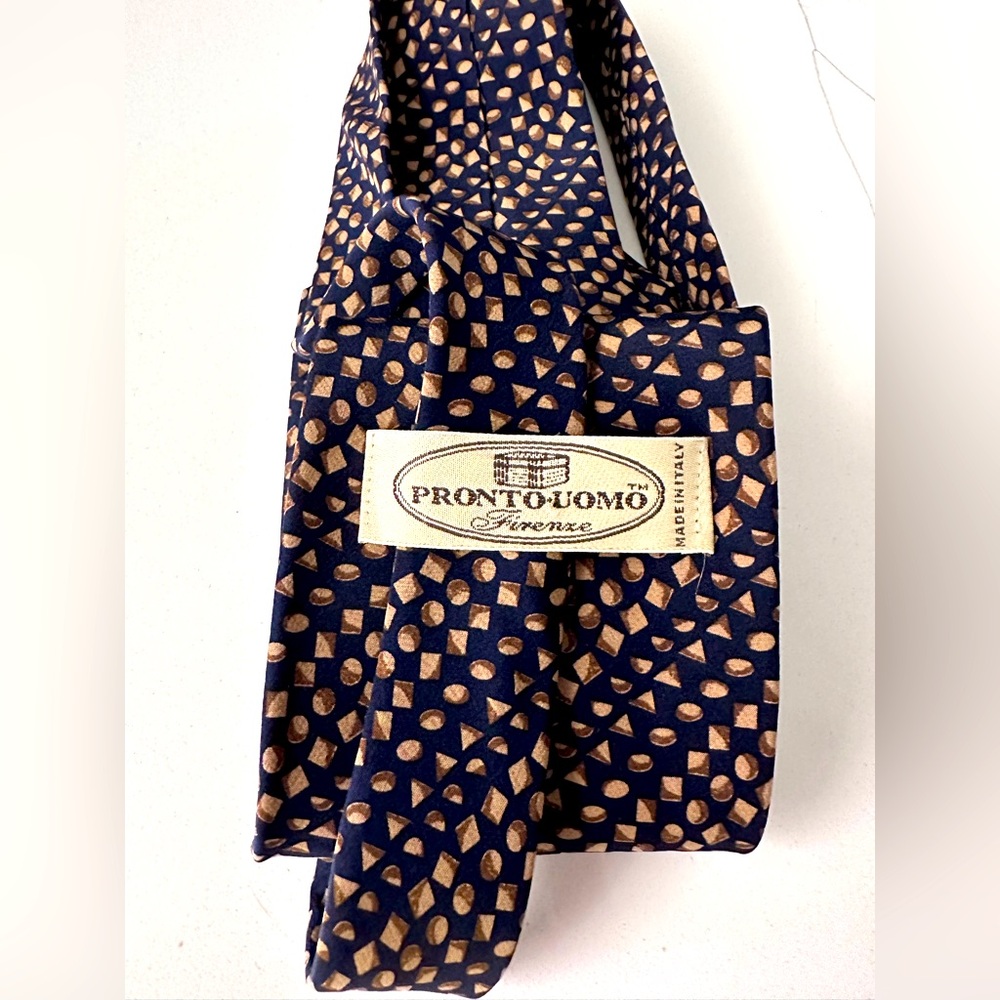 Pronto Uomo Italian Silk Tie Navy Beige Khaki Geometric Design
